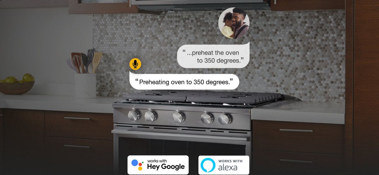 Voice command to preheat oven and Whirlpool® Smart Slide-In Range reacting